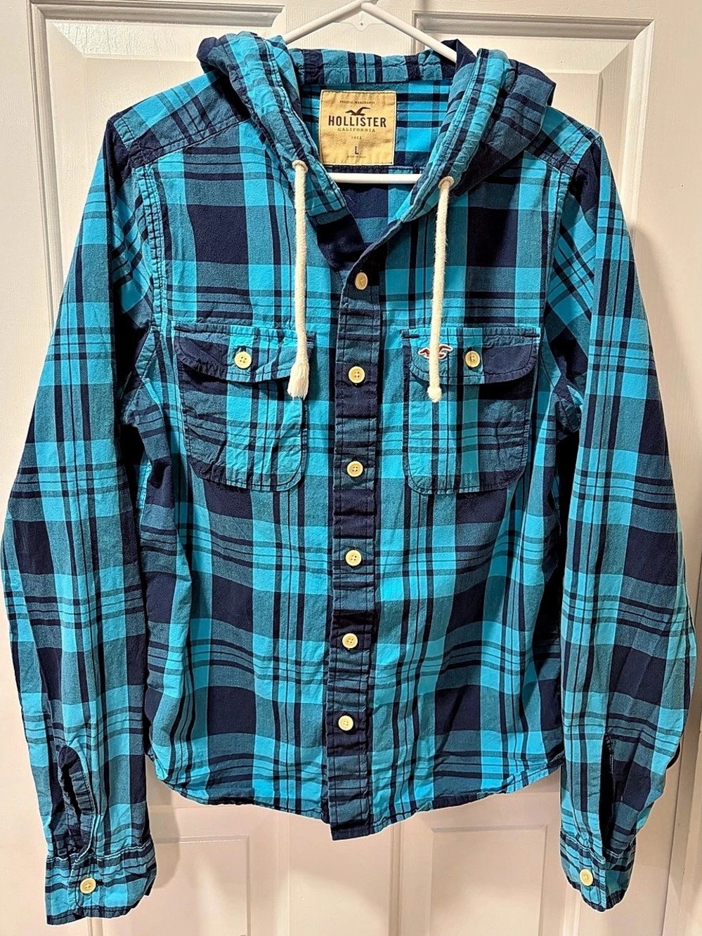 Vintage Hollister Pacific Merchants Hooded Flannel Shirt Blue Plaid Men's L Y2K